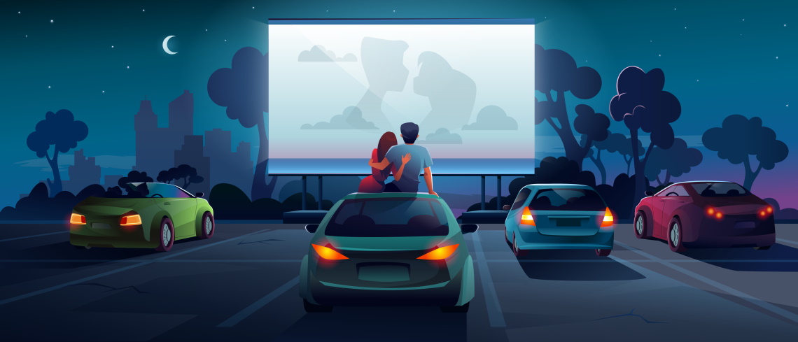 Cartoon illustration of a drive-in theater at night.