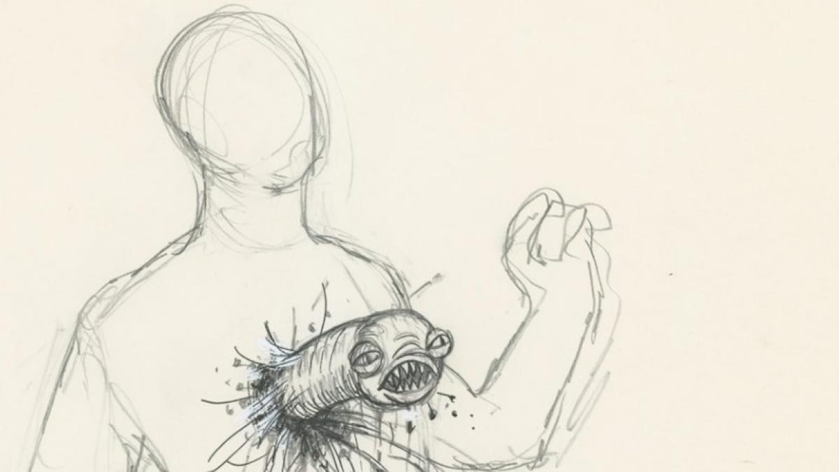 An original conceptual drawing depicting a "chestburster" as seen in Memory: The Origins of Alien.