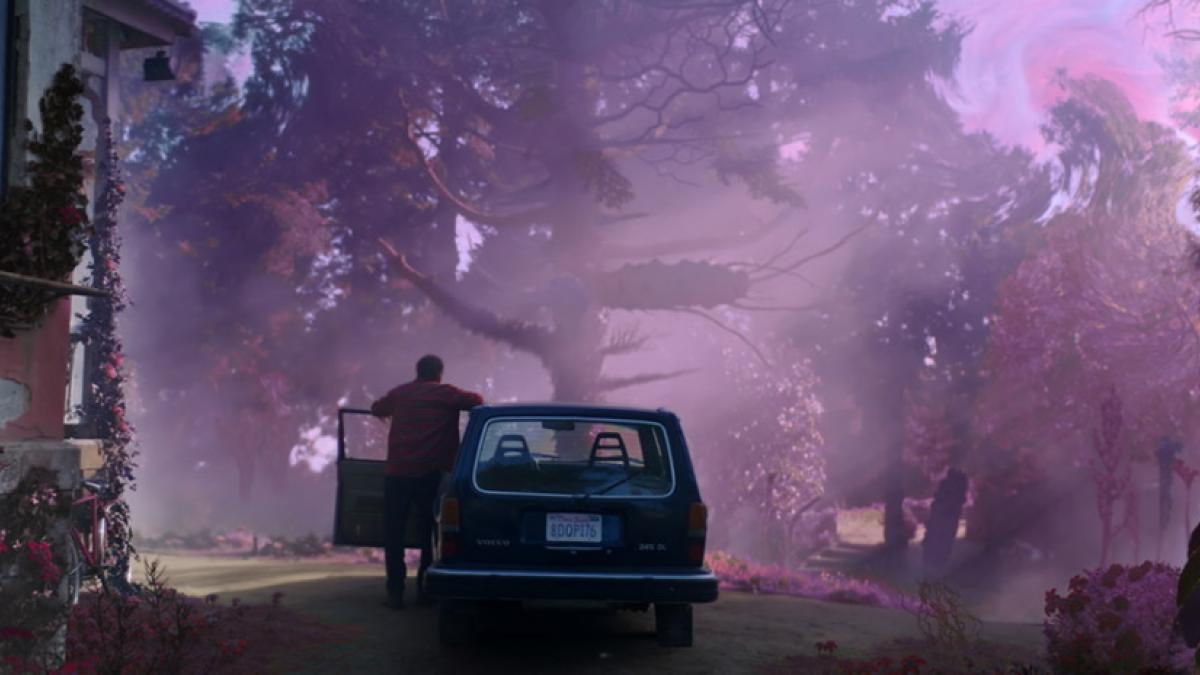 Nathan Gardner (Nicolas Cage) stands next to his car, gazing on the transformations that have afflicted his home and the surrounding forest.