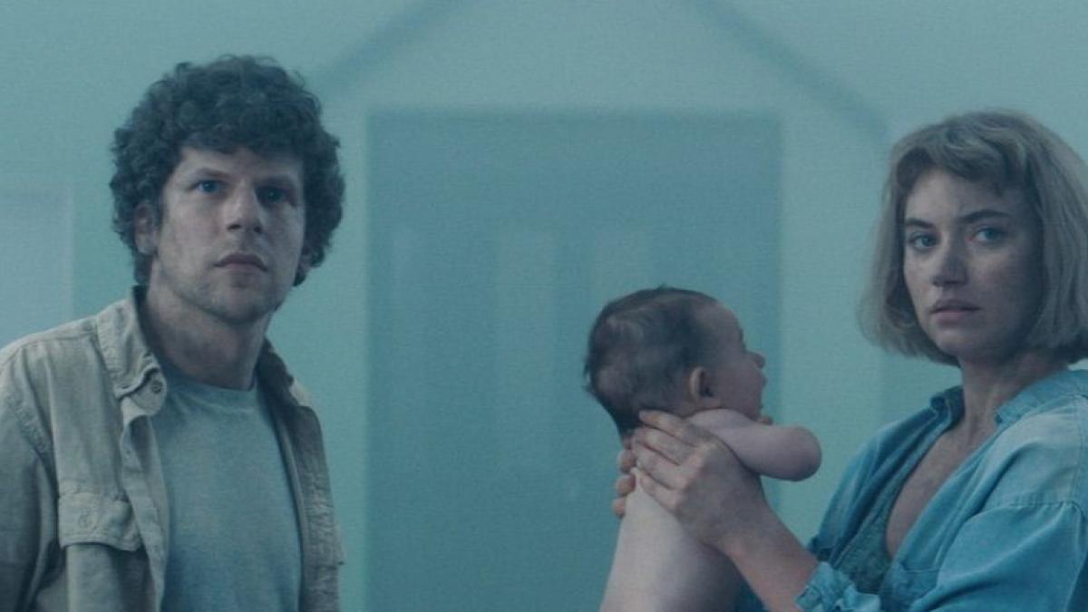 Tom (Jesse Eisenberg, left) and Gemma (Imogen Poots) are trapped in a suburban hell in Lorcan Finnegan's 'Vivarium'.