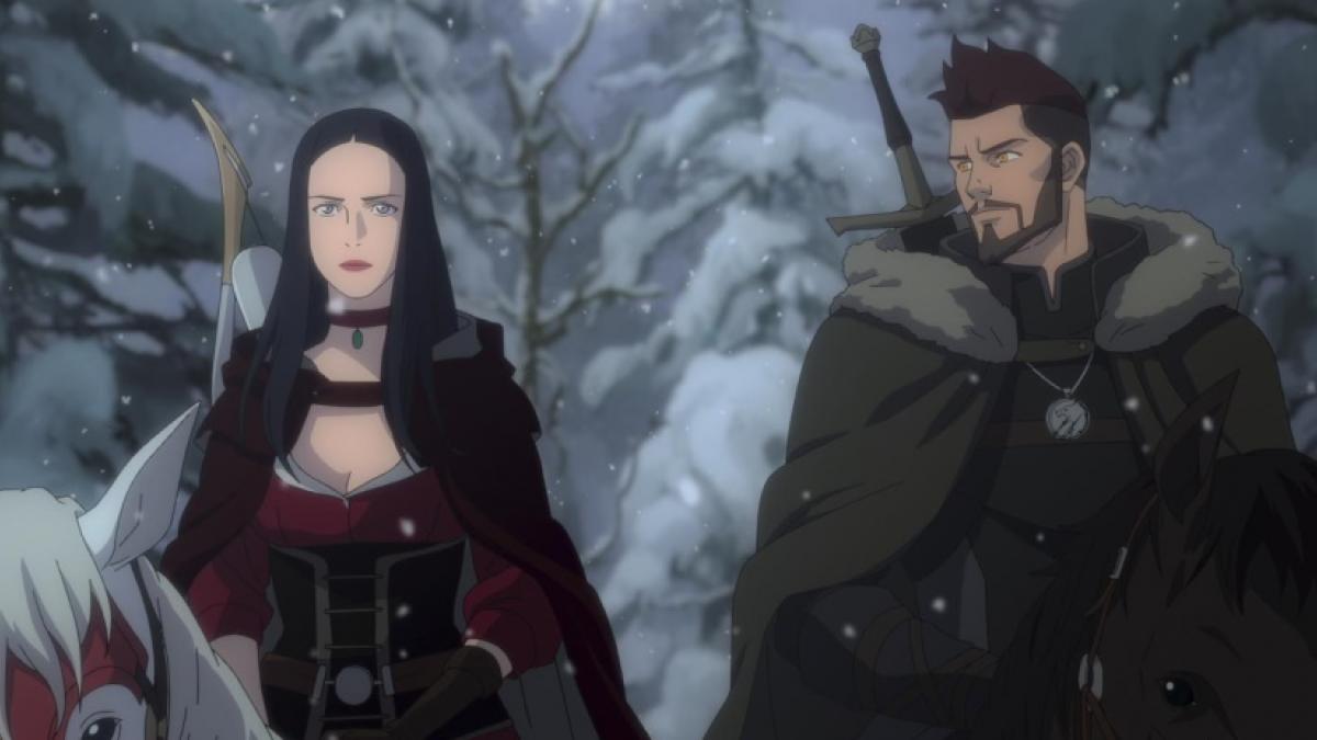 Cartoon image of a cloaked man and woman -- him with a sword, her with a bow -- riding horses through a snowy forest.