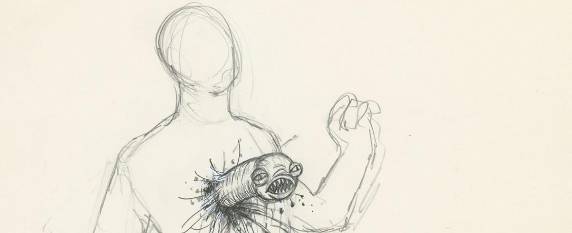 An original conceptual drawing depicting a "chestburster" as seen in Memory: The Origins of Alien.
