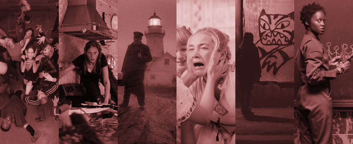 A collage combining still images from 'Climax', 'Crawl', 'The Lighthouse', 'Midsommar, 'Tigers Are Not Afraid', and 'Us'. 