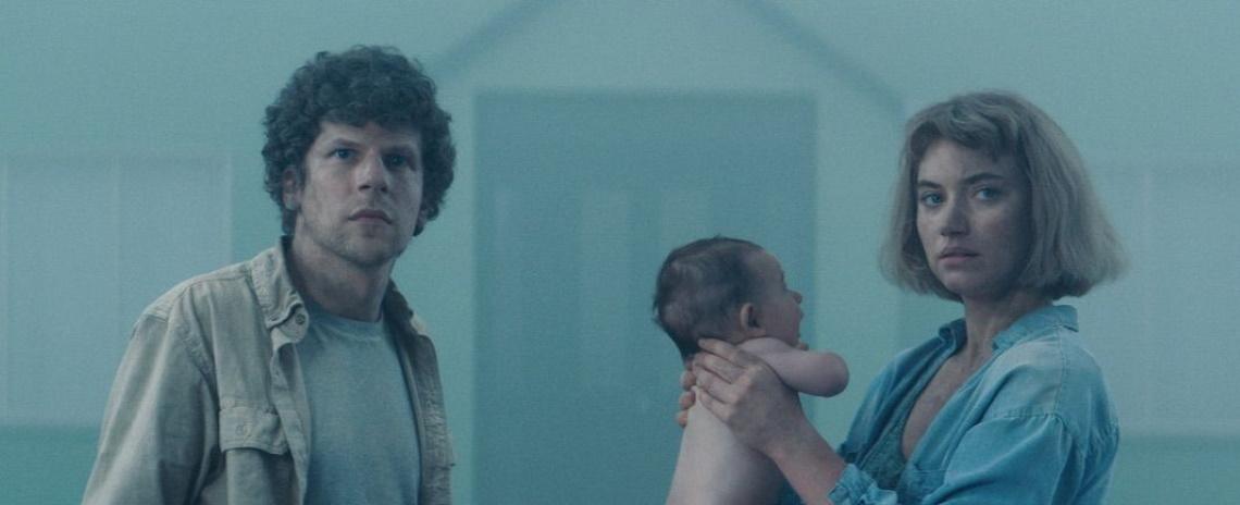 Tom (Jesse Eisenberg, left) and Gemma (Imogen Poots) are trapped in a suburban hell in Lorcan Finnegan's 'Vivarium'.