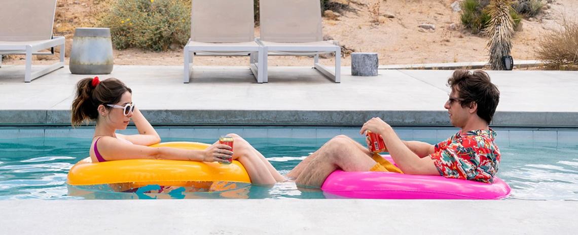 Christin Milioti (left) and Andy Samberg are a couple caught in destination wedding limbo in Max Barbakow's 'Palm Springs'.