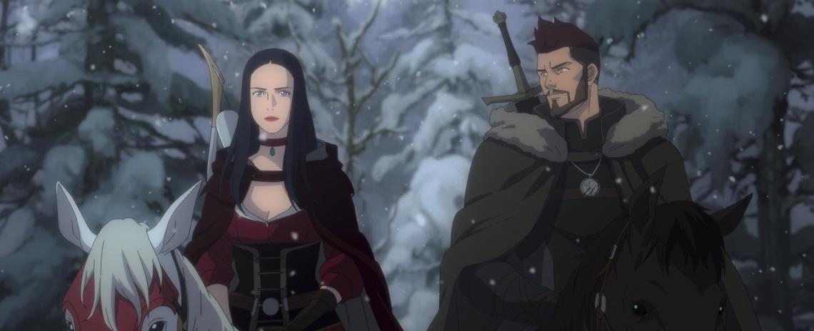Cartoon image of a cloaked man and woman -- him with a sword, her with a bow -- riding horses through a snowy forest.